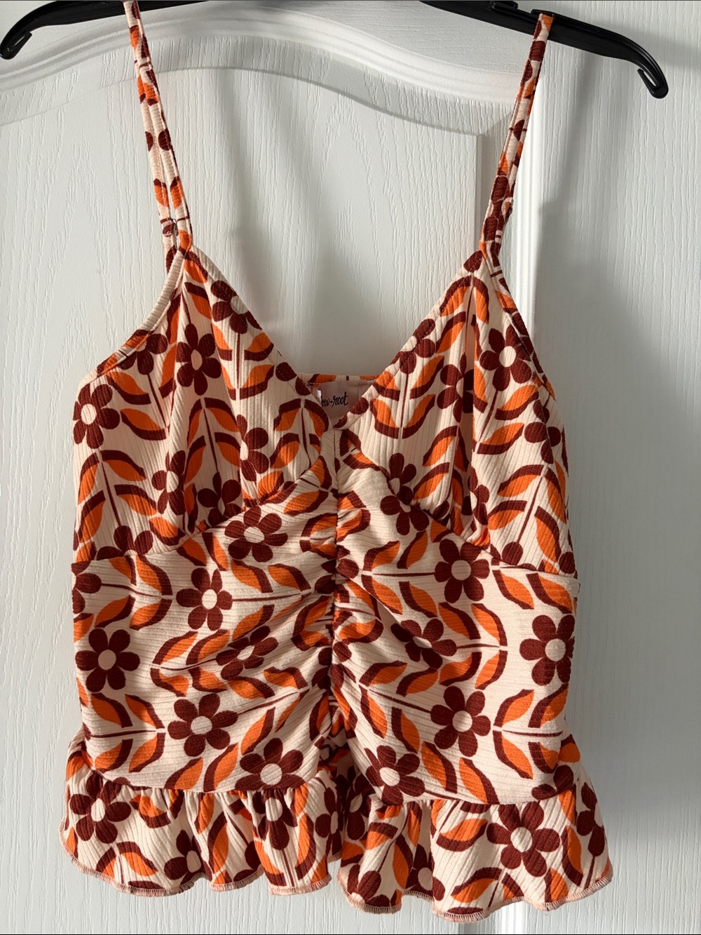 Floral Ruched Peplum Cami Top - Cream, Orange & Brown